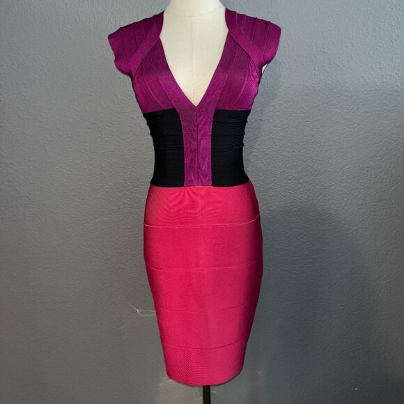 Herve Leger Dresses & Skirts - HERVE LEGER ICONIC V-NECK COLOR BLOCK PINK PURPLE & BLACK BANDAGE DRESS  -EUC -M